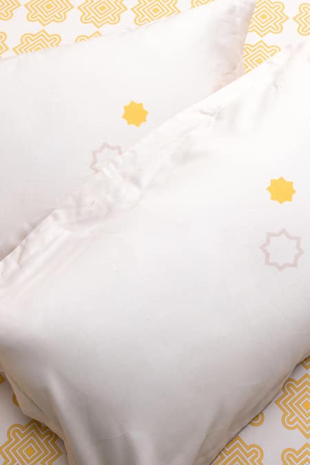 Buy_Kyoona_Yellow 100% Cotton Printed The Iktara Ii Bedsheet Set_Online_at_Aza_Fashions