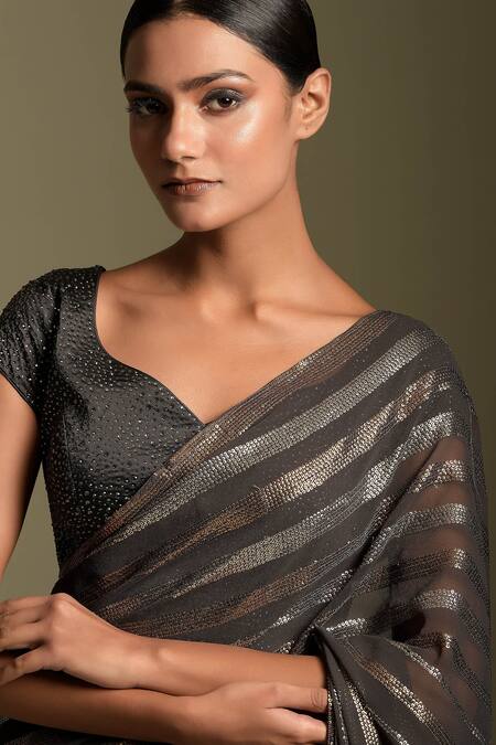 Buy_Two Sisters By Gyans_Grey Blouse Satin, Saree Georgette Sequin And Stones Tonal Work With _Online_at_Aza_Fashions