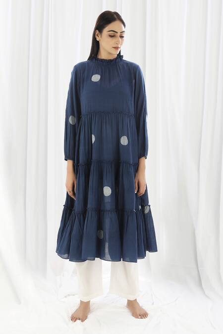 Buy_Khat_Blue Handloom , Handwoven Polka Pattern Tiered Kurta And Pant Set _Online_at_Aza_Fashions