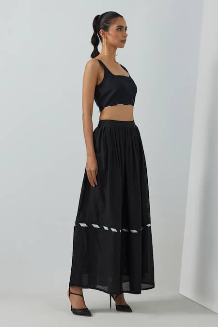 Buy_The Indian Cause_Black Chanderi Square Neck Zade Bralette With Skirt_Online_at_Aza_Fashions