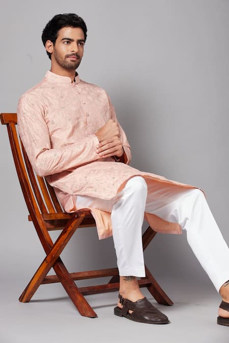 Hilo Design_Peach Cotton, Lycra Embroidery Tiyaan Tropical Kurta Set _Online_at_Aza_Fashions