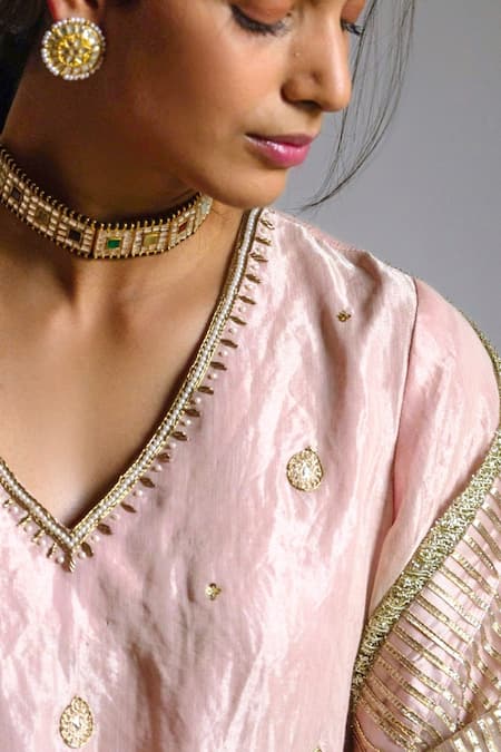 Buy Shorshe Clothing Pink Handloom Cotton Embroidery, Pearls V-neck Tissue Kurta And Gharara Set Online at Aza Fashions Buy_Shorshe Clothing_Pink Handloom Cotton Embroidery, Pearls V-neck Tissue Kurta And Gharara Set _Online_at_Aza_Fashions