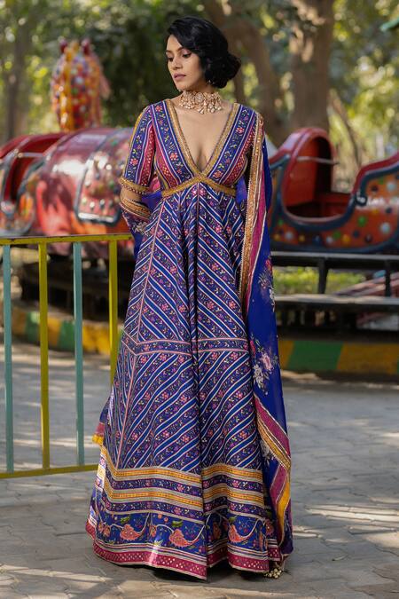 Buy Irrau By Samir Mantri Multi Color Organza, Denim Embroidery Flower Vine Print Anarkali With Dupatta Online at Aza Fashions Buy_Irrau By Samir Mantri_Multi Color Organza, Denim Embroidery Flower Vine Print Anarkali With Dupatta _Online_at_Aza_Fashions