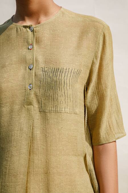 Buy_Urvashi Kaur_Yellow Silk Round Neck Vista Half Sleeve Top _Online_at_Aza_Fashions