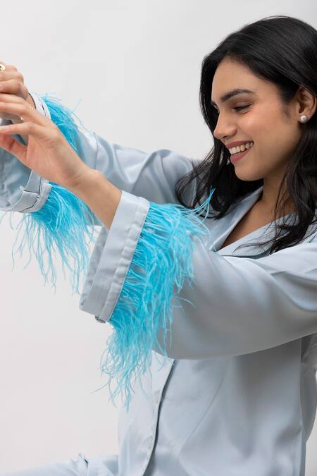 Buy_Dawn And Dusk_Blue Silk, Satin Feathers Collared Detailed Shirt And Pant Set_Online_at_Aza_Fashions