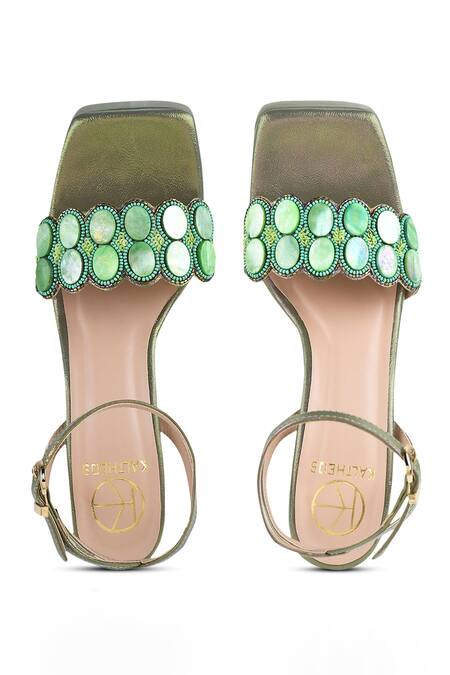 Buy Kaltheos Green Embellished Stella Cross Strap Square Toe Block Heels Online at Aza Fashions Buy_Kaltheos_Green Embellished Stella Cross Strap Square Toe Block Heels_Online_at_Aza_Fashions