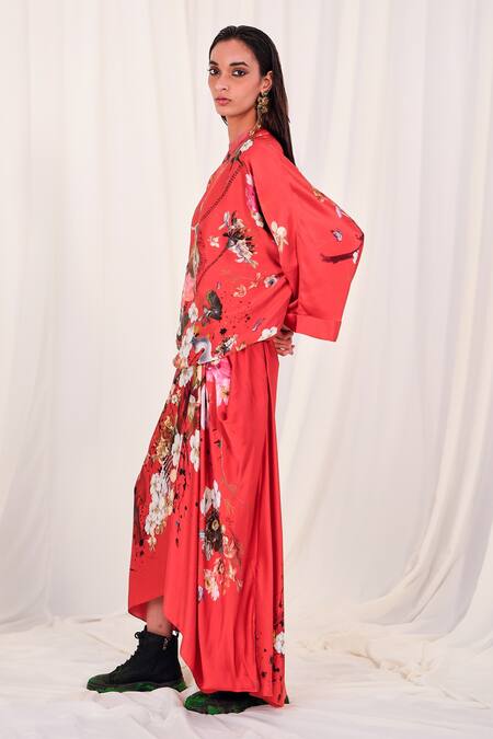 Buy AK-OK Red Silk Round Neck Flower And Ostrich Print Top & Skirt Set Online at Aza Fashions Buy_AK-OK_Red Silk Round Neck Flower And Ostrich Print Top & Skirt Set _Online_at_Aza_Fashions