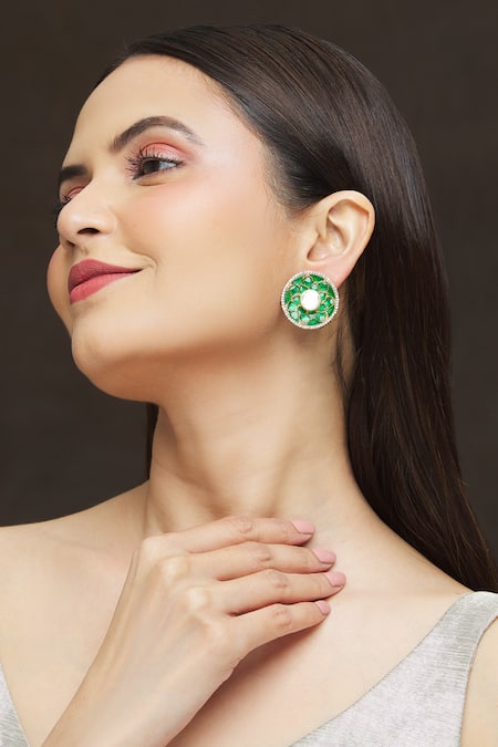 Buy_Ivorine_Gold Plated Embroidery Floral Embellished Studs _Online_at_Aza_Fashions