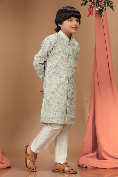 Kora By Nilesh Mitesh_Green Cotton Sequins Printed And Thread Embroidered Kurta Set_Online_at_Aza_Fashions