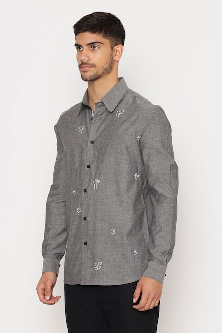 Buy Lacquer Embassy Grey Cotton Embroidery Botolph Chambray Shirt Online at Aza Fashions Buy_Lacquer Embassy_Grey Cotton Embroidery Botolph Chambray Shirt _Online_at_Aza_Fashions
