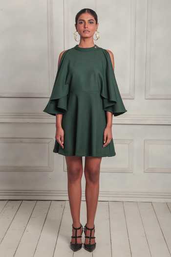 Buy_Couché By Anandini_Green Crepe Embroidery Crew Neck Solid Skater Dress _Online_at_Aza_Fashions