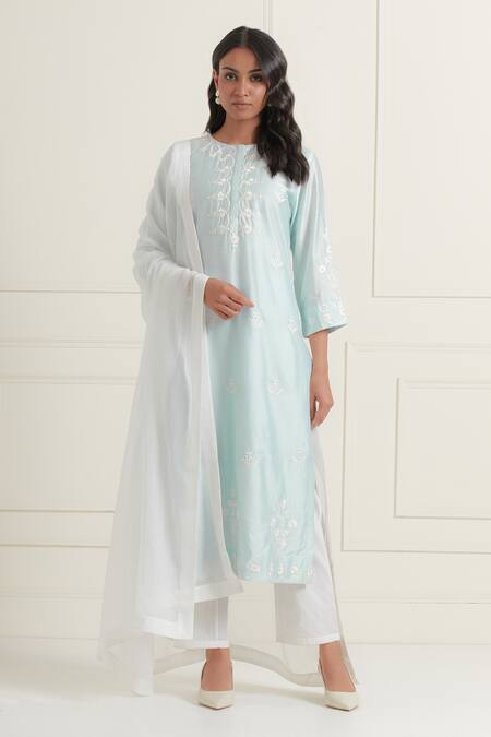 Buy_Ikshita Choudhary_Sky Blue Chanderi Silk Embroidered Floral Round Scattered Kurta_Online_at_Aza_Fashions
