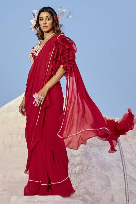 Buy_Nikita Vishakha_Red Organza, Georgette, Jacquard Embroidery V-neck Hand Saree With Blouse _Online_at_Aza_Fashions