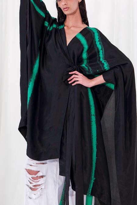 Buy AK-OK Black Cotton Tassels V-neck Shibori Pattern Angrakha And Trouser Set Online at Aza Fashions Buy_AK-OK_Black Cotton Tassels V-neck Shibori Pattern Angrakha And Trouser Set _Online_at_Aza_Fashions