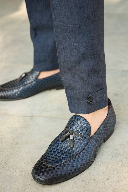 Buy_Raw & Rustic By Niti Bothra_Blue Linen Handcrafted Buttoned Hem Straight Pant _Online_at_Aza_Fashions