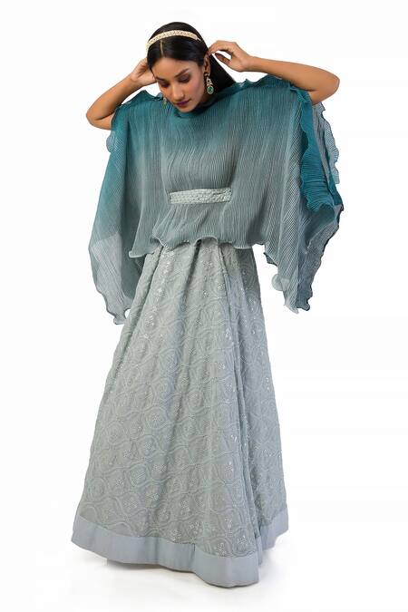 Buy_Meghna Shah_Blue Chiffon, Georgette Sequins, Embroidery Boat Textured Kaftan Top And Skirt Set_Online_at_Aza_Fashions