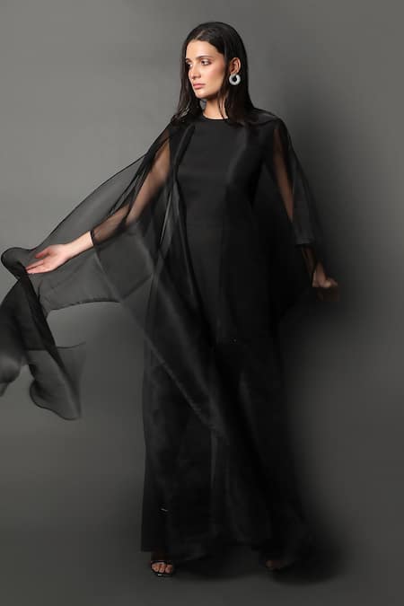 Buy_Swatee Singh_Black Crepe, Organza Round Neck Drape Jumpsuit _Online_at_Aza_Fashions