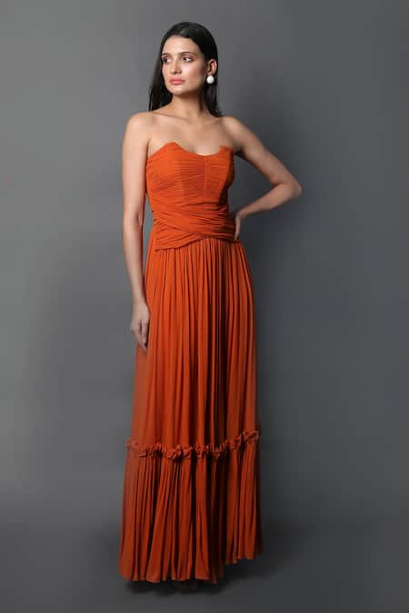 Buy Swatee Singh Orange Georgette Bandeau Neck Pleated Hem Corset Gown Online at Aza Fashions Buy_Swatee Singh_Orange Georgette Bandeau Neck Pleated Hem Corset Gown _Online_at_Aza_Fashions