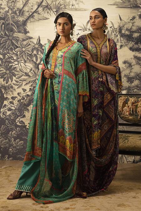Buy Kalista Green Crepe, Silk, Chiffon Embroidery, Tassels Riah A-line Printed Kurta Set Online at Aza Fashions Buy_Kalista_Green Crepe, Silk, Chiffon Embroidery, Tassels Riah A-line Printed Kurta Set _Online_at_Aza_Fashions
