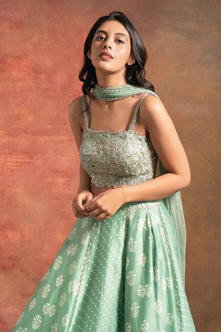 Buy_Pleats By Kaksha And Dimple_Green Chanderi Square Neck Printed Lehenga Set_Online_at_Aza_Fashions