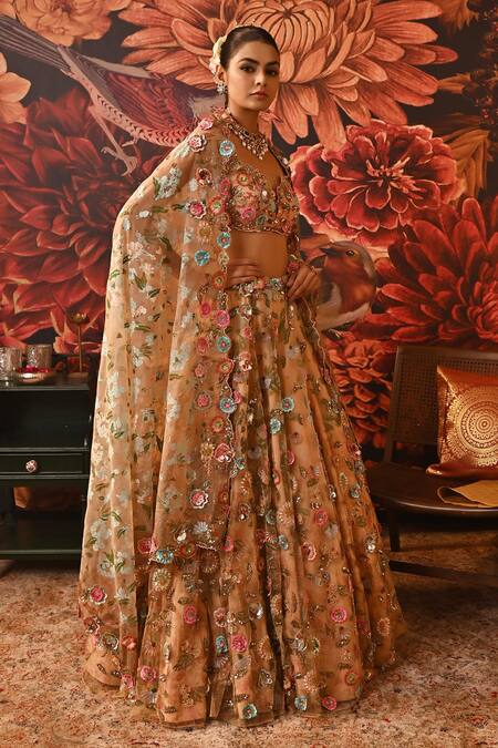 Buy Moledro Peach Net, Brocade, Organza Applique, Bahaar Blooming Bridal Lehenga Set Online at Aza Fashions Buy_Moledro_Peach Net, Brocade, Organza Applique, Bahaar Blooming Bridal Lehenga Set _Online_at_Aza_Fashions