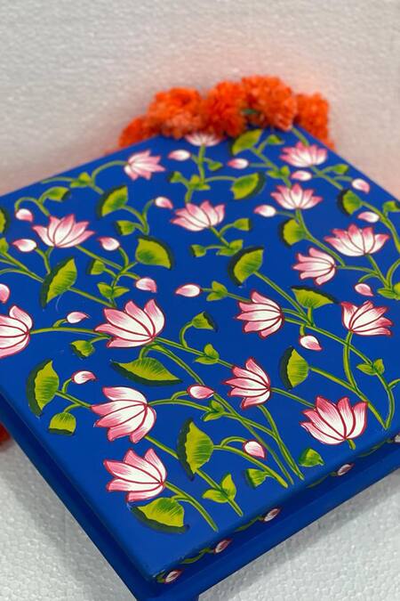 Buy_Purana Darwaza_Blue Wood Hand Painted Lotus Chowki_Online_at_Aza_Fashions