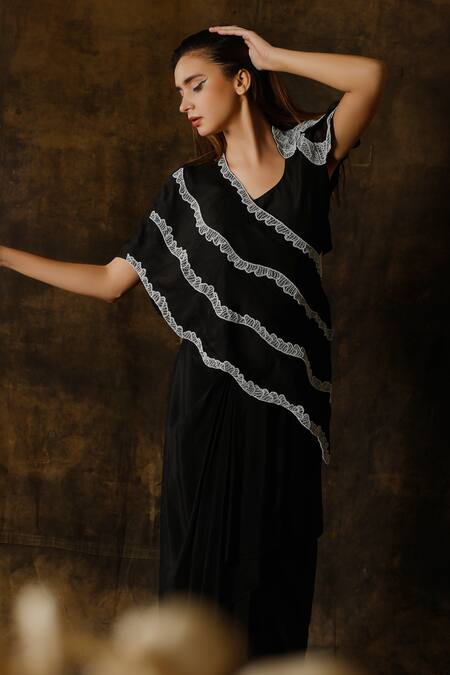 Buy_Eclat By Prerika Jalan_Black Crepe, Muslin Embroidery V-neck Asymmetric Cape And Draped Skirt Set _Online_at_Aza_Fashions