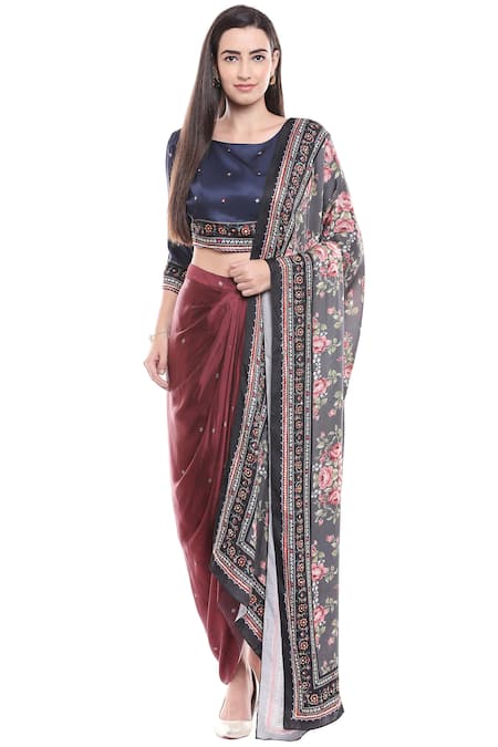 Buy Soup By Sougat Paul Black Satin Round Printed Draped Skirt Set at Aza Fashions Buy_Soup By Sougat Paul_Black Satin Round Printed Draped Skirt Set _at_Aza_Fashions