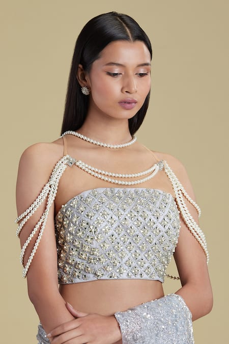 Cherie D Blue Silk, Tulle, Satin Halter Neck Embellished Lehenga Saree at Aza Fashions Cherie D_Blue Silk, Tulle, Satin Halter Neck Embellished Lehenga Saree _at_Aza_Fashions