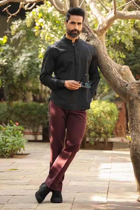 Buy_Raw & Rustic By Niti Bothra_Black Cotton Embroidery Mandarin Collar Kurta Shirt _Online_at_Aza_Fashions