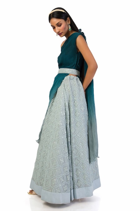 Buy_Meghna Shah_Grey Georgette, Chiffon Sequins, Embroidery Textured Pattern Top And Skirt Set_Online_at_Aza_Fashions