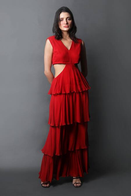 Buy_Swatee Singh_Red Georgette V-neck Solid Ruffle Tiered Dress _Online_at_Aza_Fashions