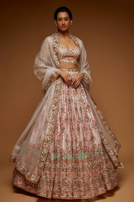 Buy_Neeta Lulla_Pink Tulle Sequin, Thread And Beads V Bahar Floral Embroidered Bridal Lehenga Set_Online_at_Aza_Fashions