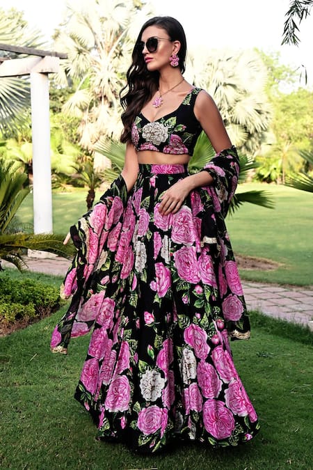 Buy_Sanam_Black Silk Sequins, Beads, Stones Plunge Karine Botanical Print Lehenga Set _Online_at_Aza_Fashions