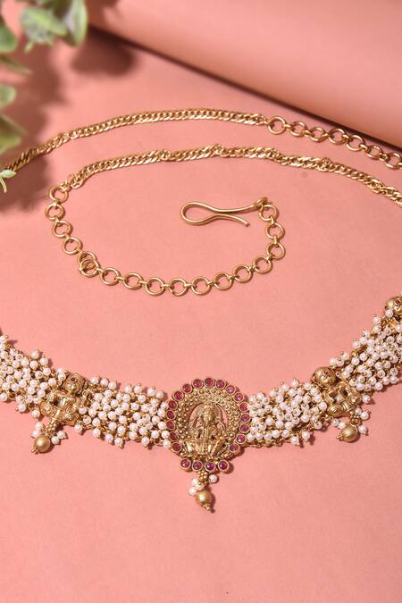 Buy_Swabhimann_Multi Color Pearls And Stone Embellished Temple Pattern Kamarbandh_Online_at_Aza_Fashions