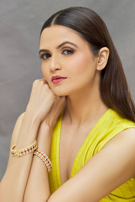 Buy_Saga Jewels_Gold Plated Pearls, Diamonds Embellished Bangles - Set Of 2_Online_at_Aza_Fashions