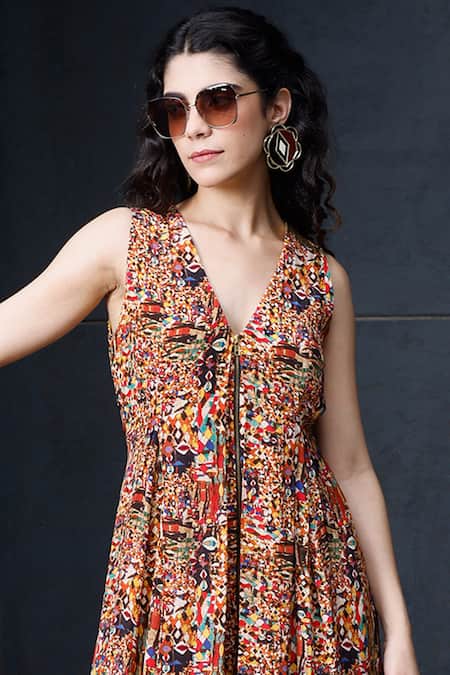 Buy_PDS by SNEHA_Multi Color Crepe Printed Abstract V Neck Jumpsuit _Online_at_Aza_Fashions