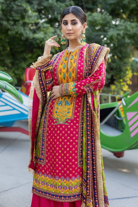 Buy Irrau By Samir Mantri Multi Color Chiffon, Chanderi Tassels, Floral Print Straight Kurta Set Online at Aza Fashions Buy_Irrau By Samir Mantri_Multi Color Chiffon, Chanderi Tassels, Floral Print Straight Kurta Set _Online_at_Aza_Fashions