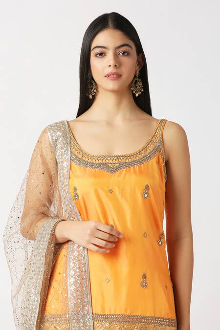 Buy_Labbada_Yellow Kurta Pure Silk Hand Embroidered Marodi Scoop U Neck Short Sharara Set_Online_at_Aza_Fashions