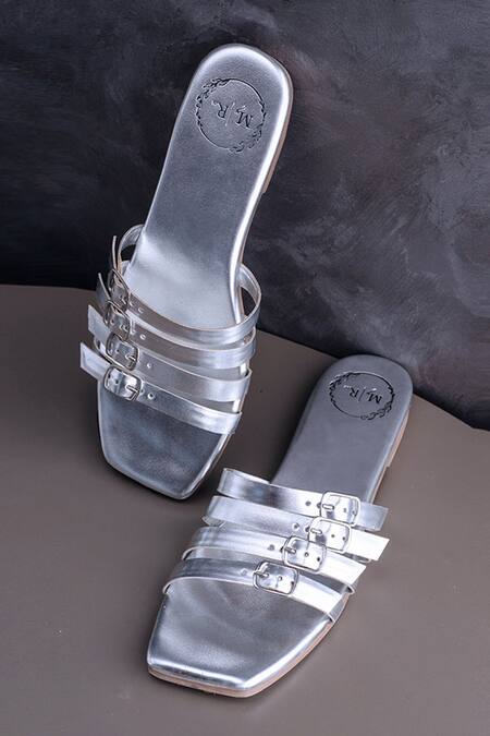 Buy_Myra_Silver Plain Vegan Leather Buckle Flats_Online_at_Aza_Fashions