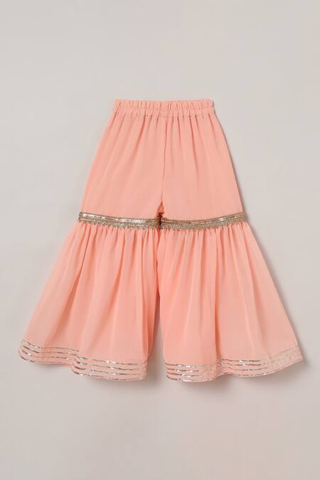 Buy_Byb Premium_Peach Viscose, Cotton, Chiffon Embroidery, Tassels, Asymmetric Kurta Sharara Set _Online_at_Aza_Fashions