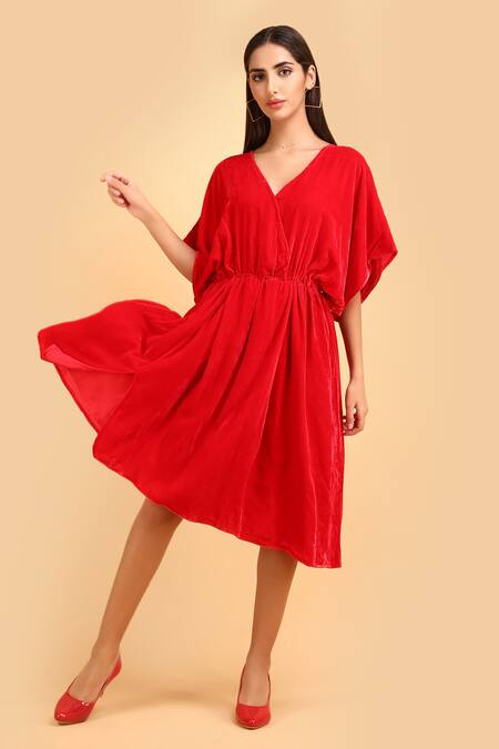 Buy_Label Ivish_Red Silk, Velvet V-neck Gathered Asymmetric Dress _Online_at_Aza_Fashions
