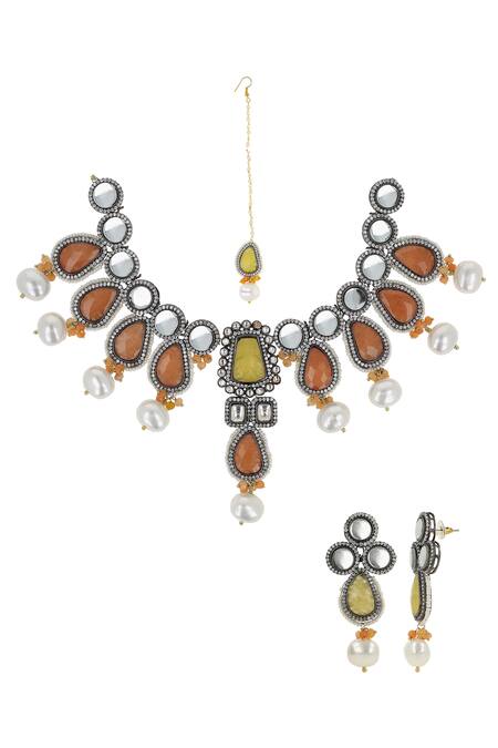 Buy Ishhaara Multi Color Stones Contrast Kundan Embellished Necklace Set With Maangtikka Online at Aza Fashions Buy_Ishhaara_Multi Color Stones Contrast Kundan Embellished Necklace Set With Maangtikka _Online_at_Aza_Fashions