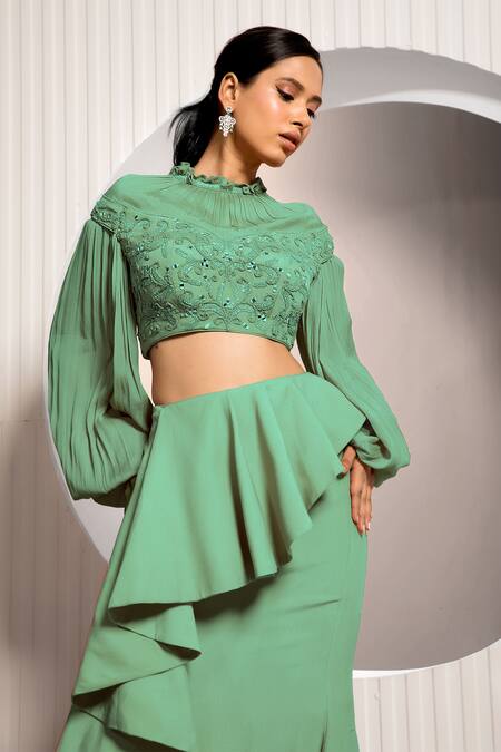 Buy_Jade By Ashima_Green Chiffon, Crepe Mirrors, Ruffles Turtle Neck Bouquet Blouse And Skirt Set _Online_at_Aza_Fashions