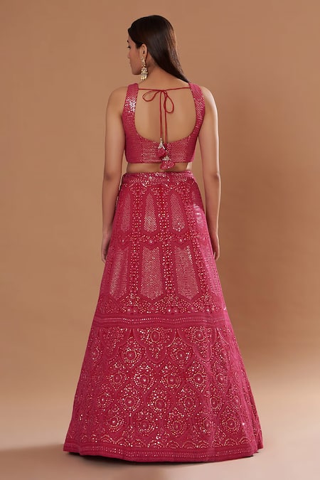 Shop_Two Sisters By Gyans_Pink Georgette, Net Sequins, Beads Round Neck Embroidered Lehenga Set _at_Aza_Fashions