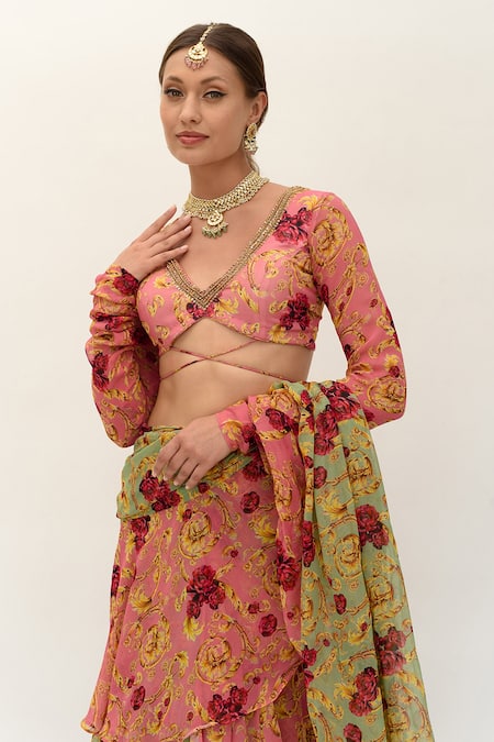 Shop_Sanam_Green Silk, Chiffon Sequins, Versailles Pre-stitches Ruffle Saree With Blouse _Online_at_Aza_Fashions