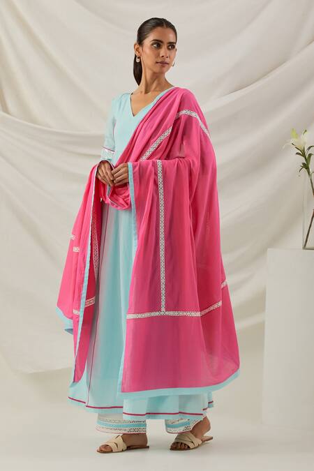 The Indian Cause_Blue Cotton Embroidery, Lace V-neck Markab Anarkali Palazzo Set_Online_at_Aza_Fashions