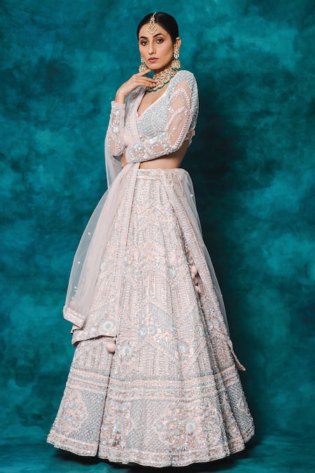Buy_Mehar_Pink Net Sequins, Cut Work Sweetheart Floral Hand Embroidered Bridal Lehenga Set _Online_at_Aza_Fashions