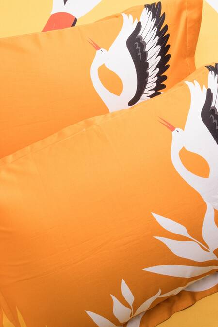 Buy_Kyoona_Yellow 100% Cotton Printed The Bird Storks Journey Bedsheet Set_Online_at_Aza_Fashions