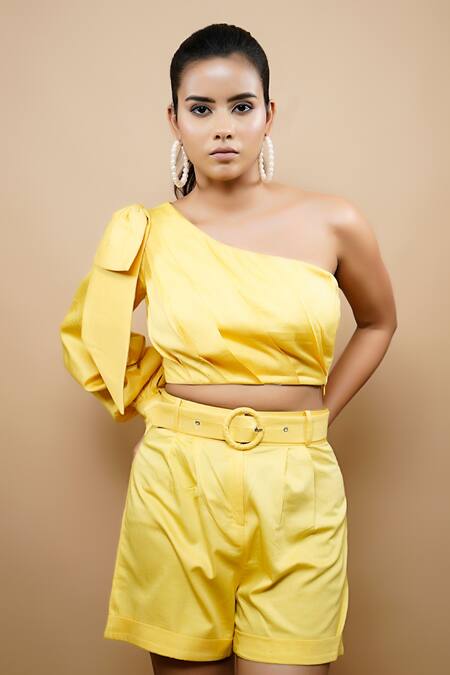 Buy_Ahi Clothing_Yellow 100% Cotton Plain Asymmetric Pleated Crop Top And Shorts Set_Online_at_Aza_Fashions